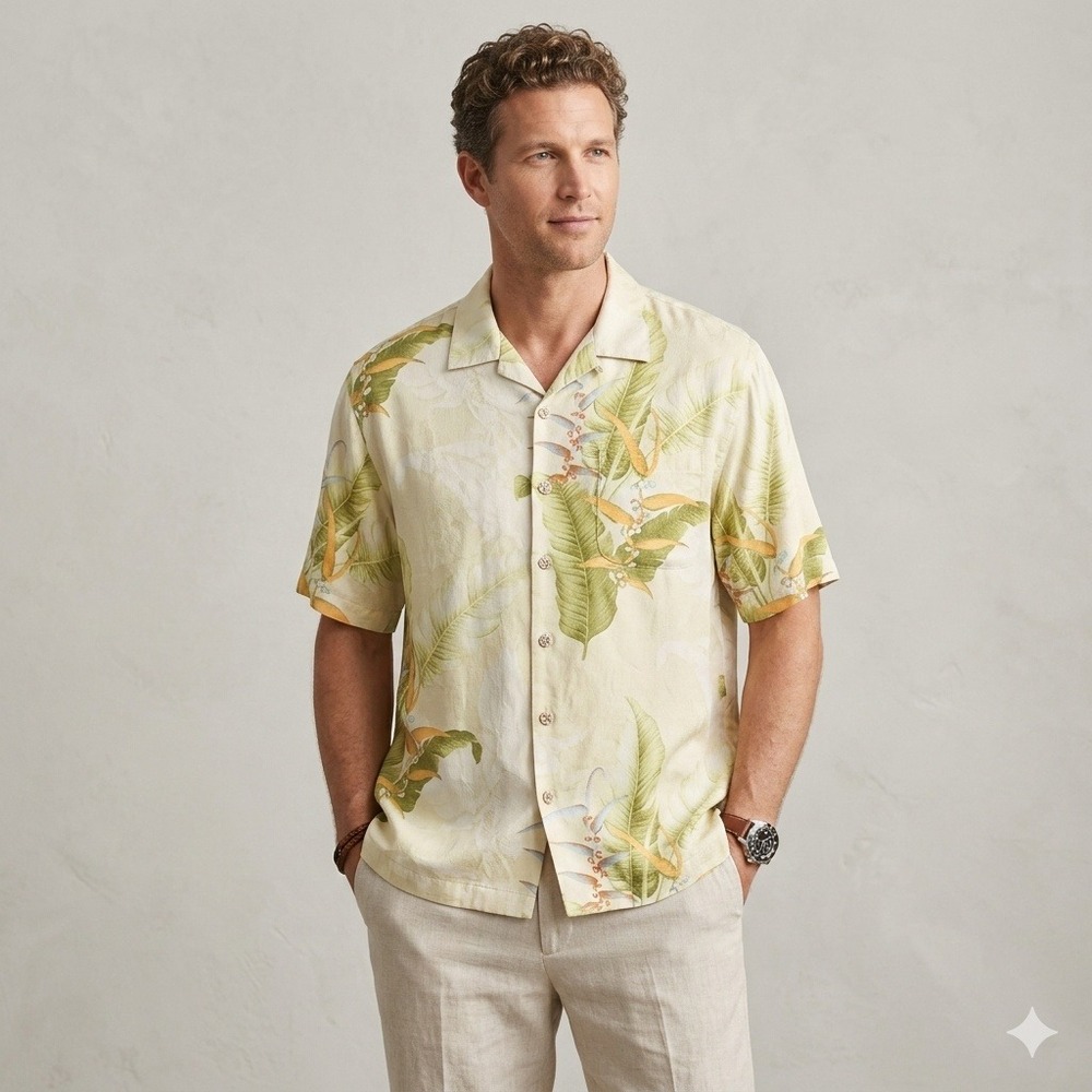 Tommy Bahama Mens Silk Tropical Floral Camp Shirt Cream Yellow Bird of Paradise